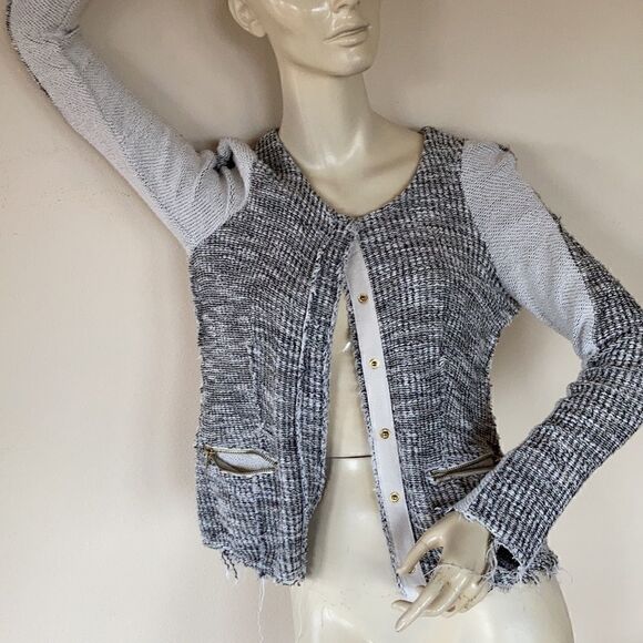 ANTHROPOLOGY Cottonaire fringe snap jacket zippered pockets Black cream Small - Picture 1 of 15